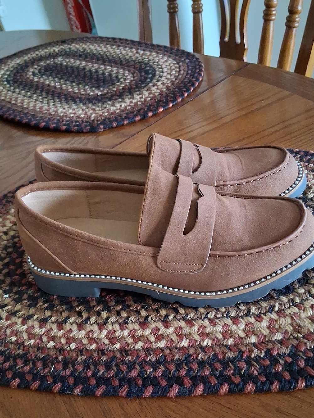 Taryn Rose Cognac Suede Penny Loafers with Studded Trim Sz. 7.5